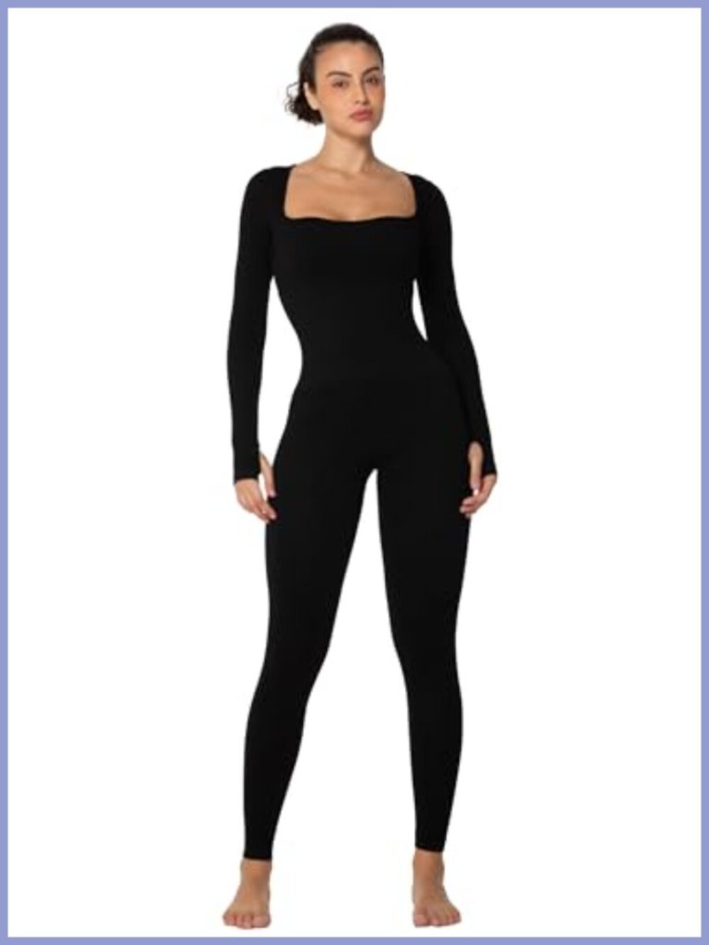 Ribbed Square Neck Long Sleeve Jumpsuit Scrunch Back Thumbhole